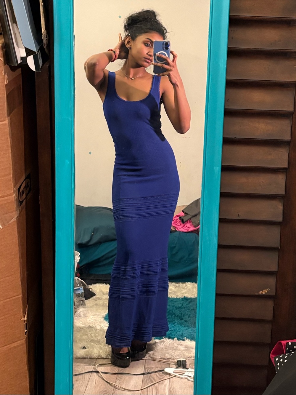 Torn by Ronny Kobo Deep Blue Ribbed Tank Maxi Dress